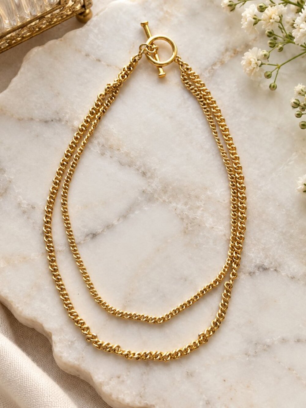Vintage Gold Tone Double Strand Chain Necklace Toggle Clasp